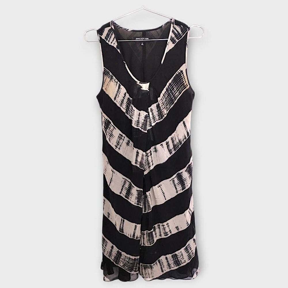 Jones NY Womens Dress Sz 10 Silk Black White Stripes Sleeveless Dressy Classicor